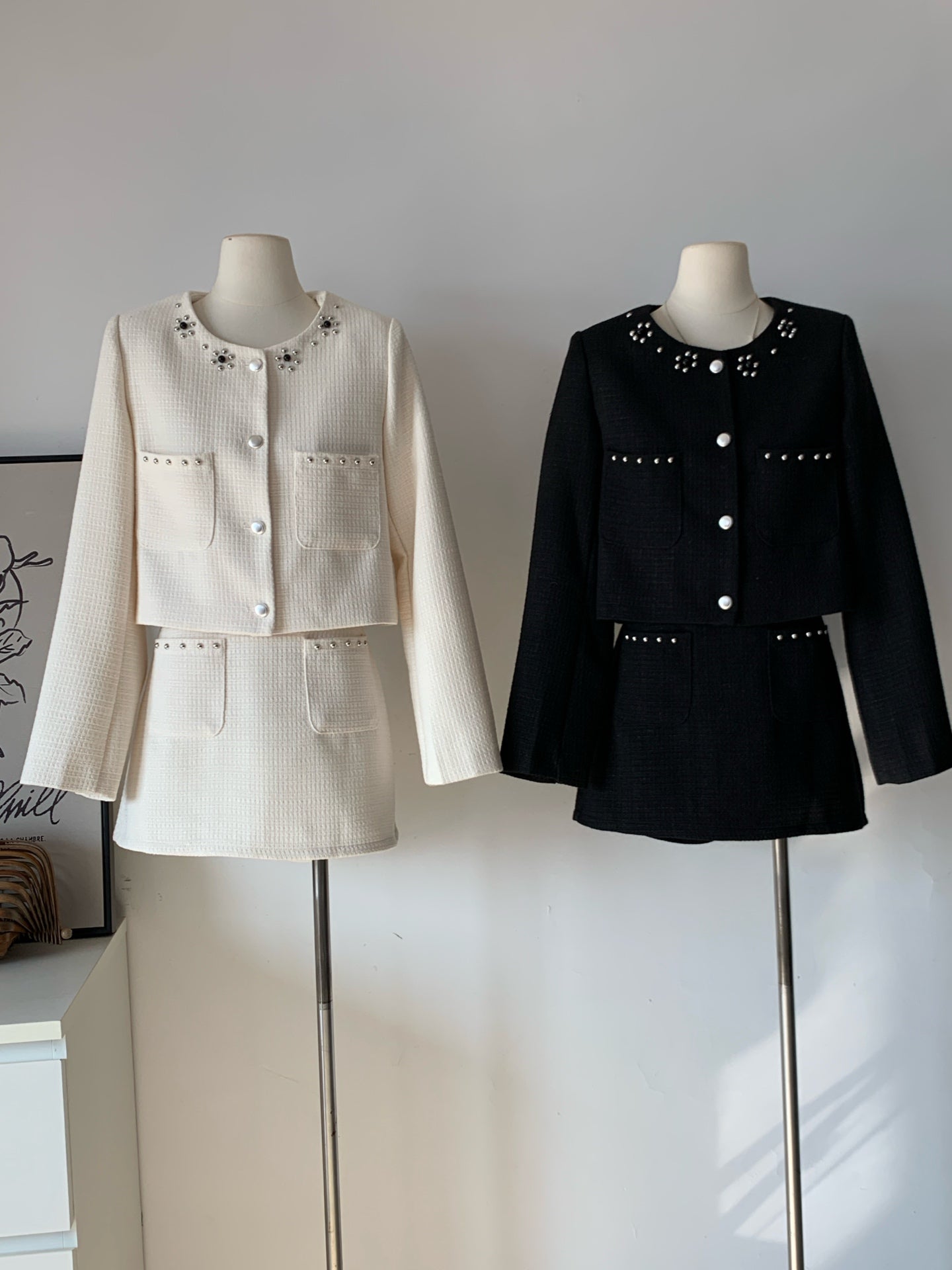 Ladies Pearl Studded Tweed Cropped Jacket & Mini Skirt Set