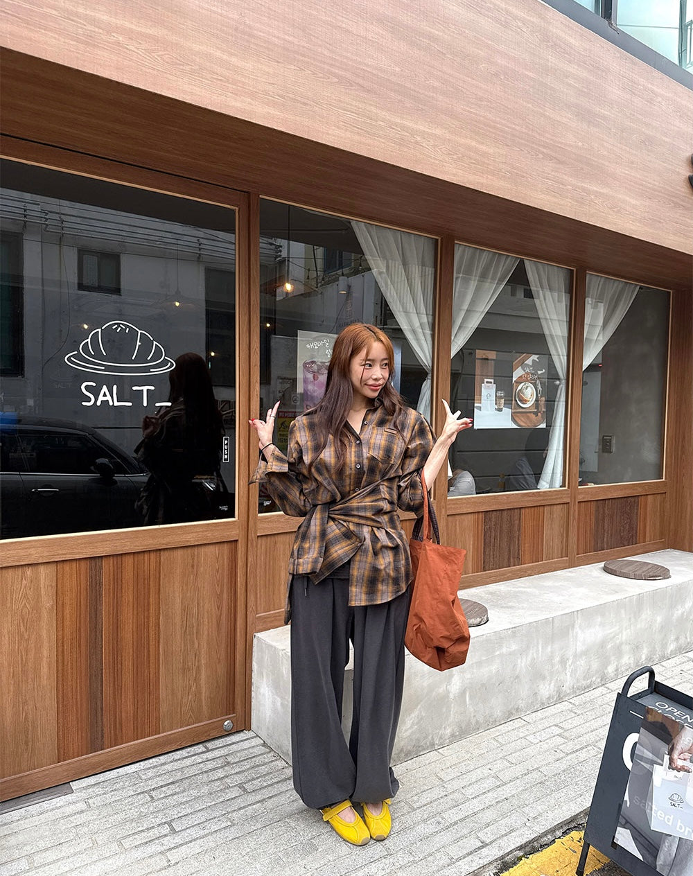 Ladies Brown Plaid Wrap-Tie Oversized Shirt