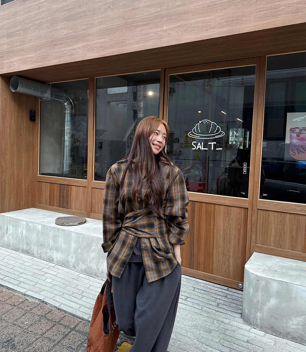 Ladies Brown Plaid Wrap-Tie Oversized Shirt