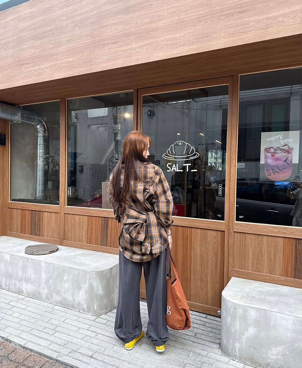 Ladies Brown Plaid Wrap-Tie Oversized Shirt