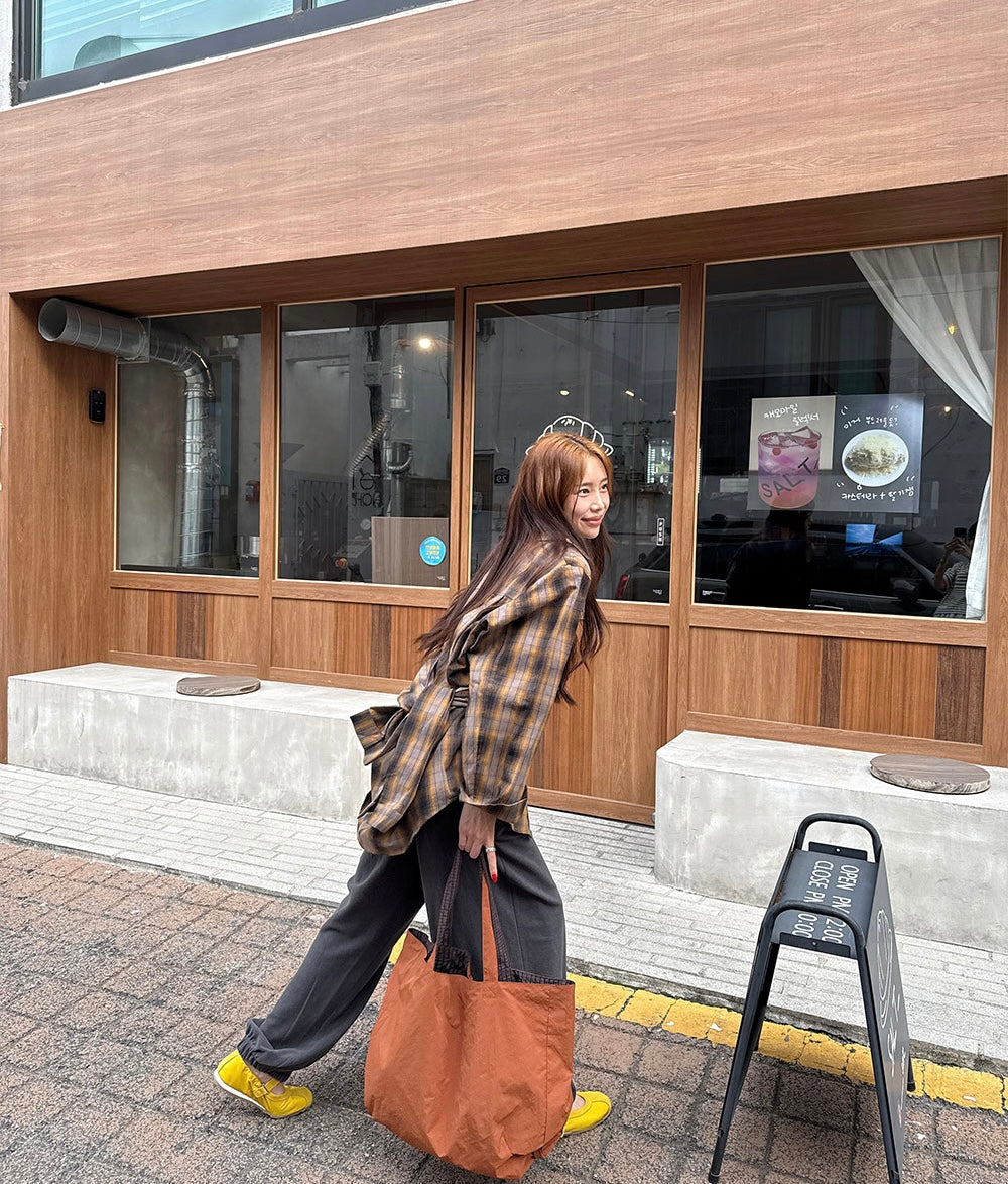 Ladies Brown Plaid Wrap-Tie Oversized Shirt