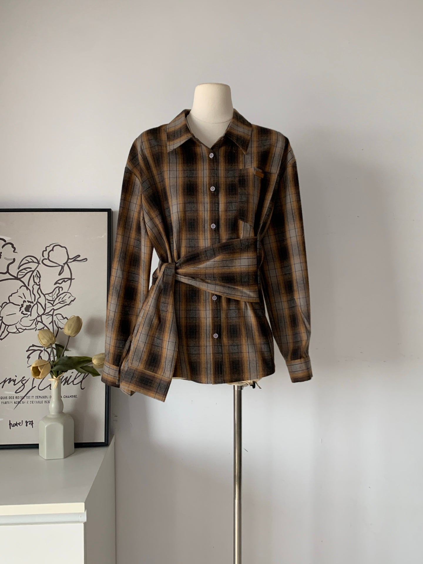 Ladies Brown Plaid Wrap-Tie Oversized Shirt