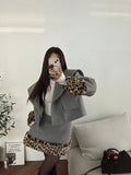 Ladies Gray Wool Blend Sailor Collar & Leopard Faux Fur Trim Set