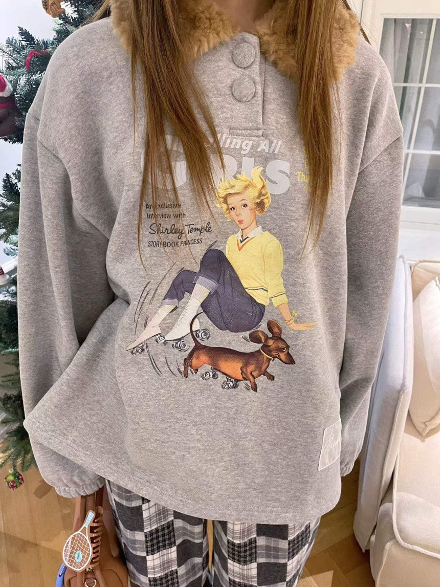 Ladies Faux Fur Collar Retro Print Oversized Pullover