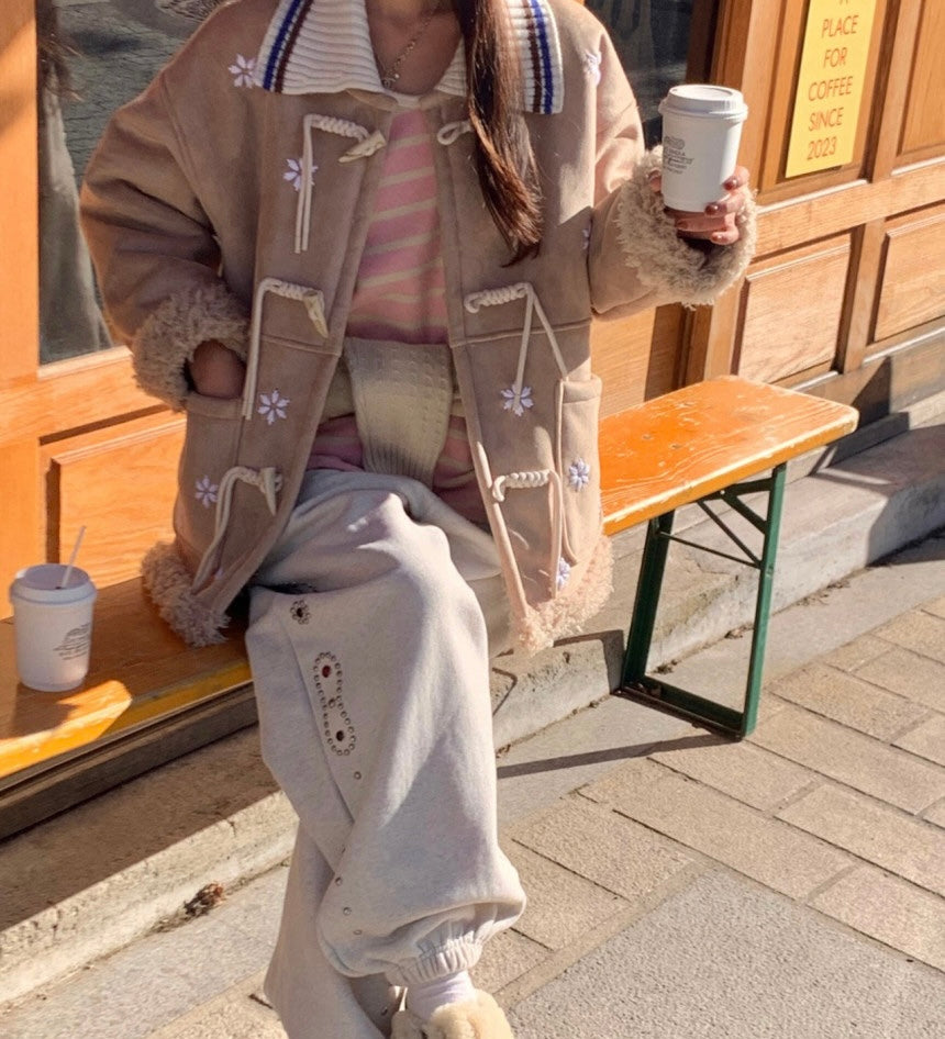 Ladies Faux Suede Sherpa Lined Toggle Coat