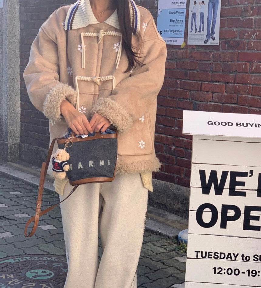 Ladies Faux Suede Sherpa Lined Toggle Coat