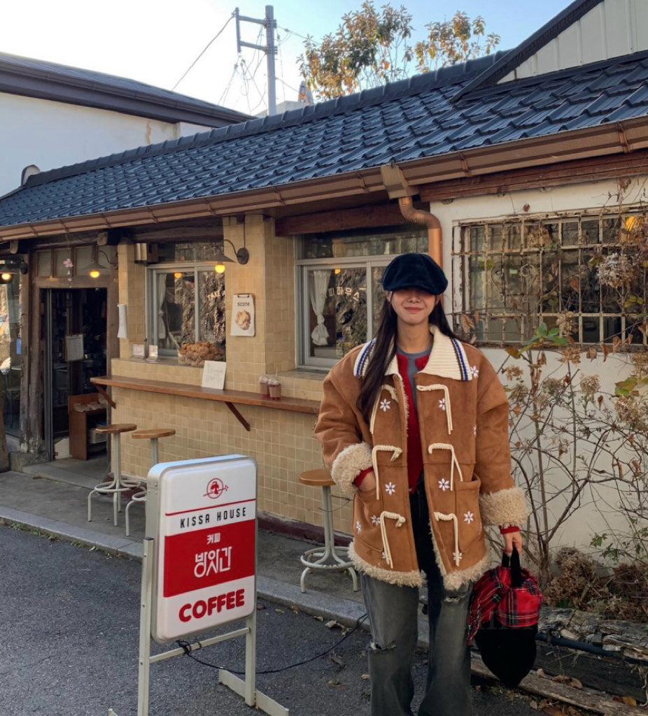 Ladies Faux Suede Sherpa Lined Toggle Coat