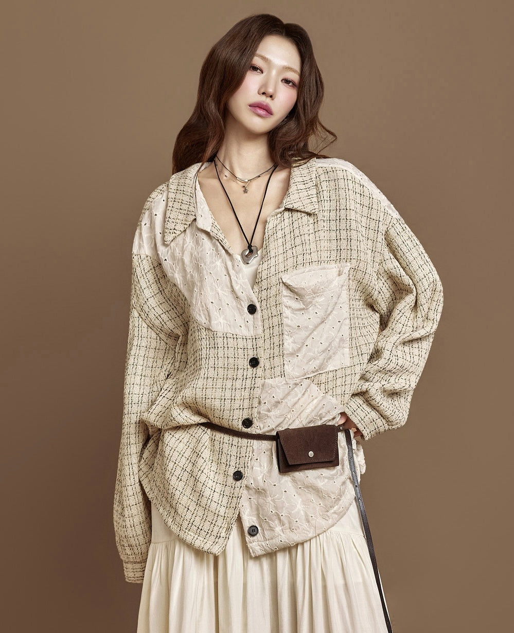 Ladies Contrast Panel Textured Oversized Shirt