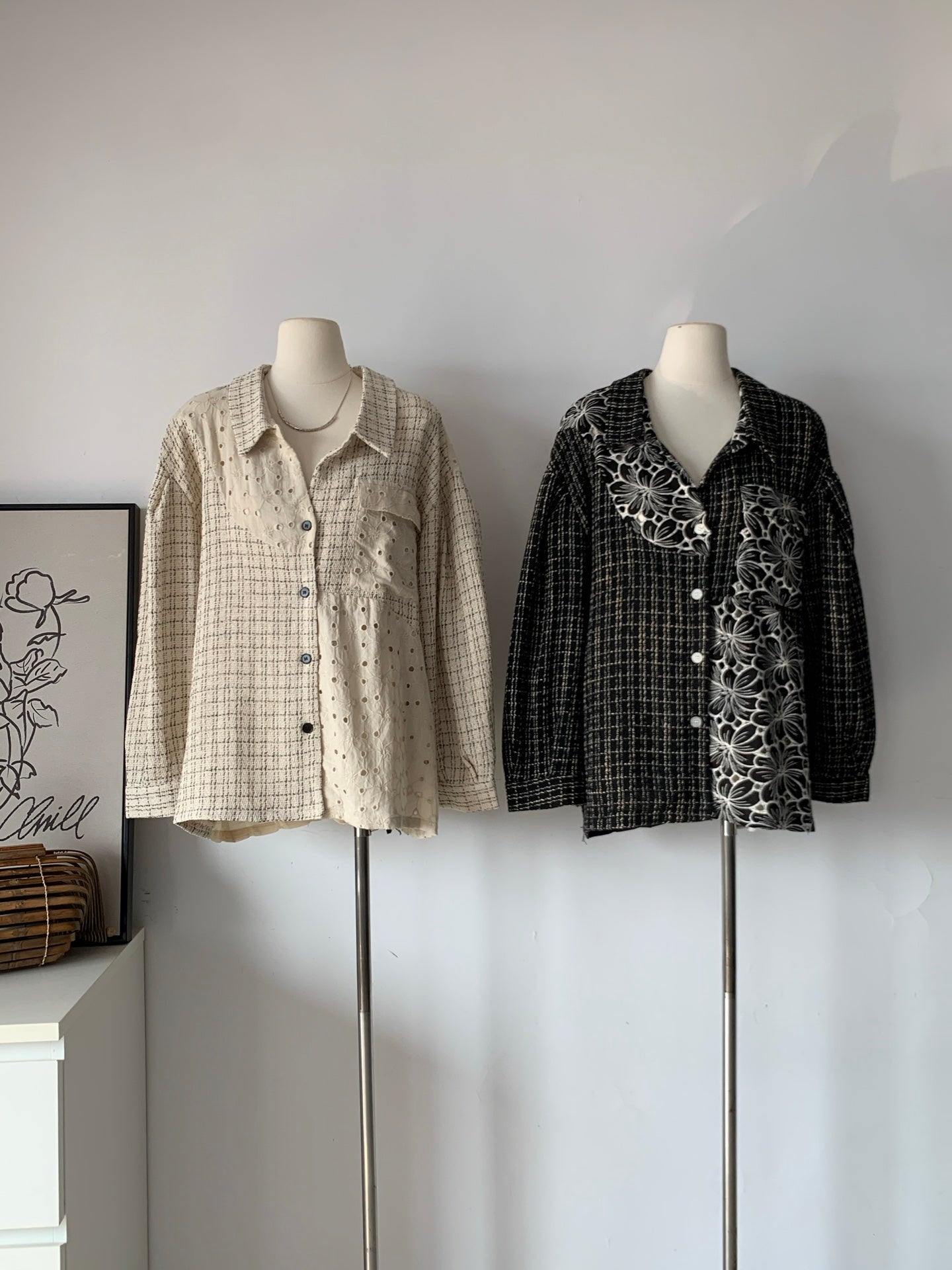 Ladies Contrast Panel Textured Oversized Shirt