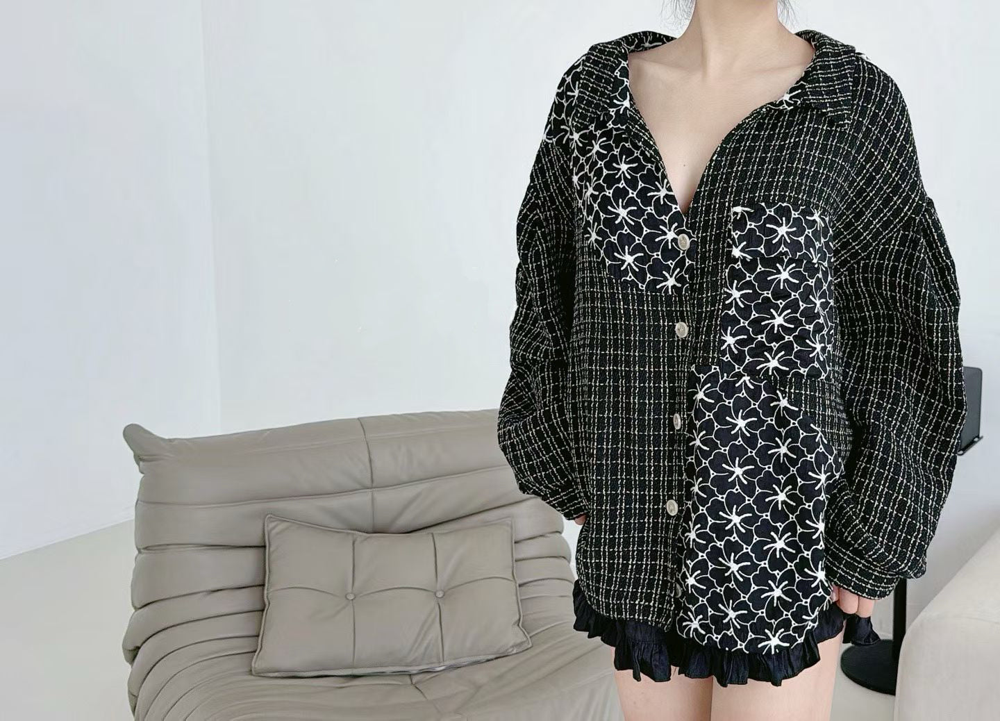 Ladies Contrast Panel Textured Oversized Shirt