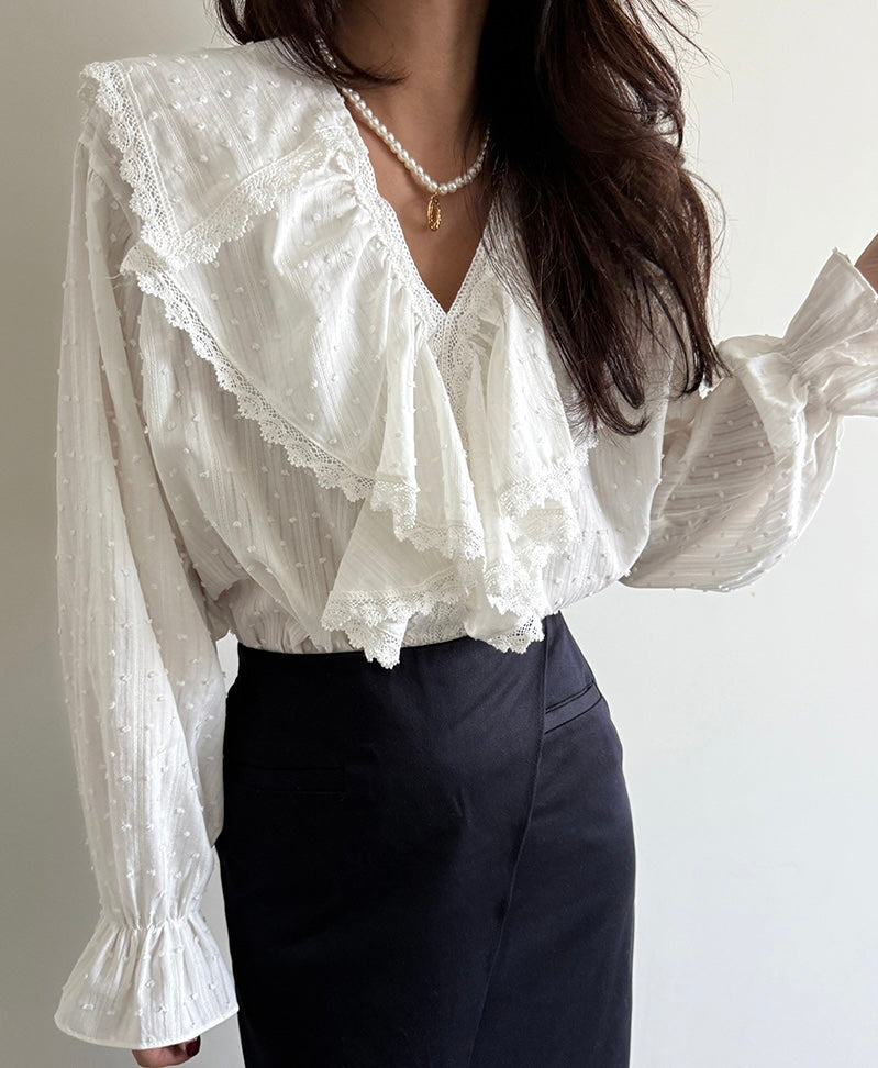 Fashion Ruffled Lace Trim V-neck Blouse