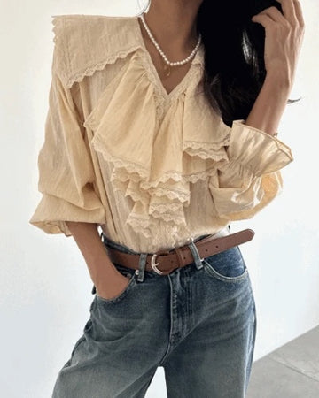 Fashion Ruffled Lace Trim V-neck Blouse
