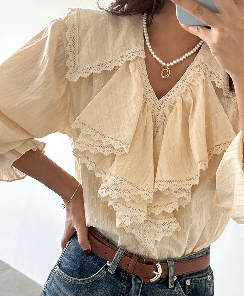 Fashion Ruffled Lace Trim V-neck Blouse