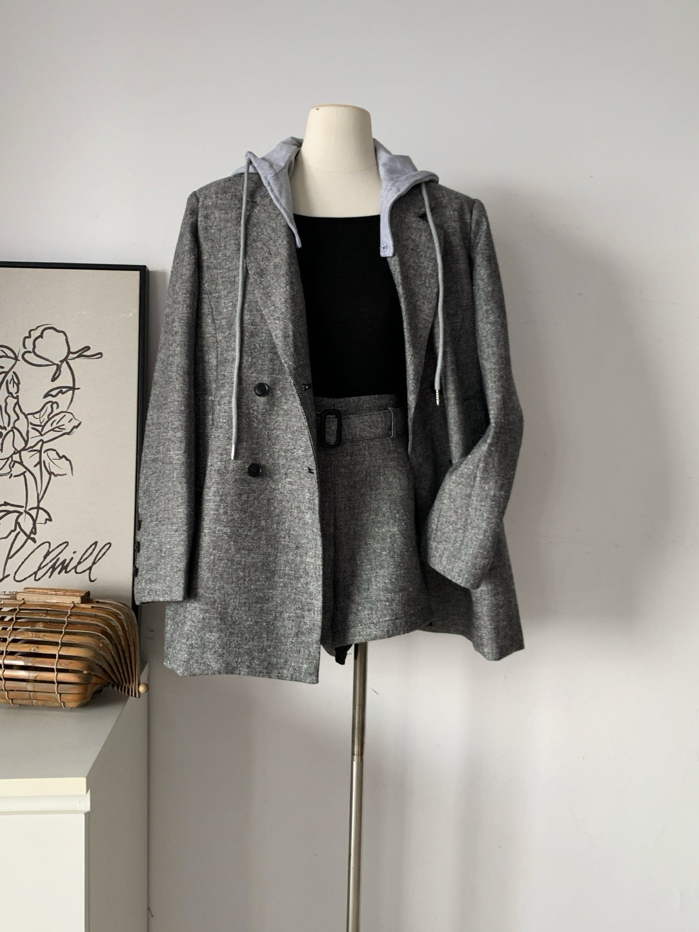 Ladies Hooded Double-Breasted Wool Blend Blazer & Shorts Set
