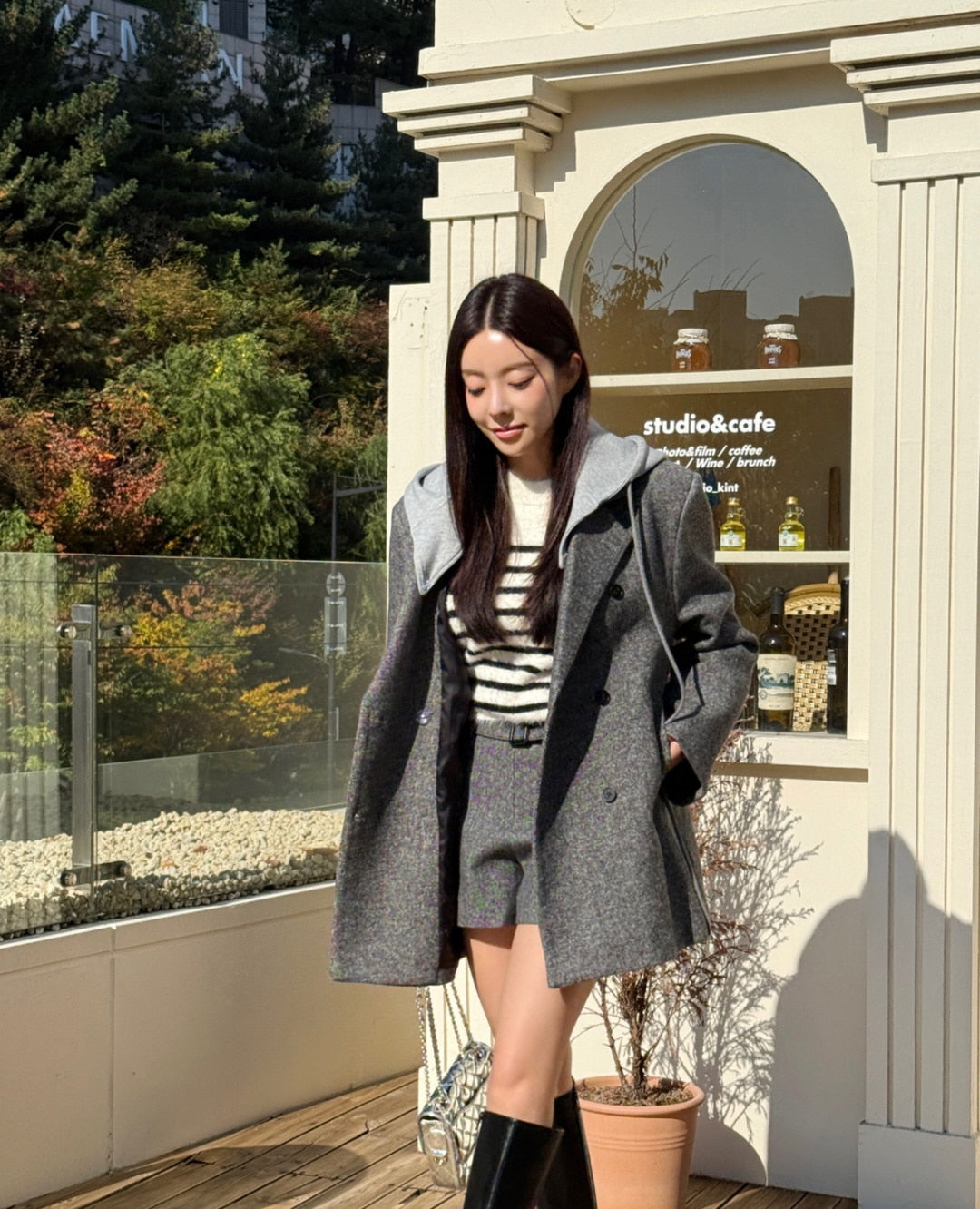 Ladies Hooded Double-Breasted Wool Blend Blazer & Shorts Set