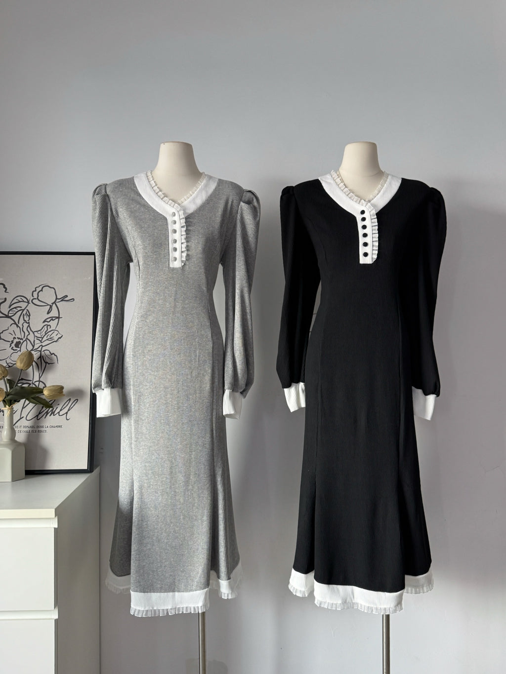 Ladies Contrast Trim Ribbed Midi Dress