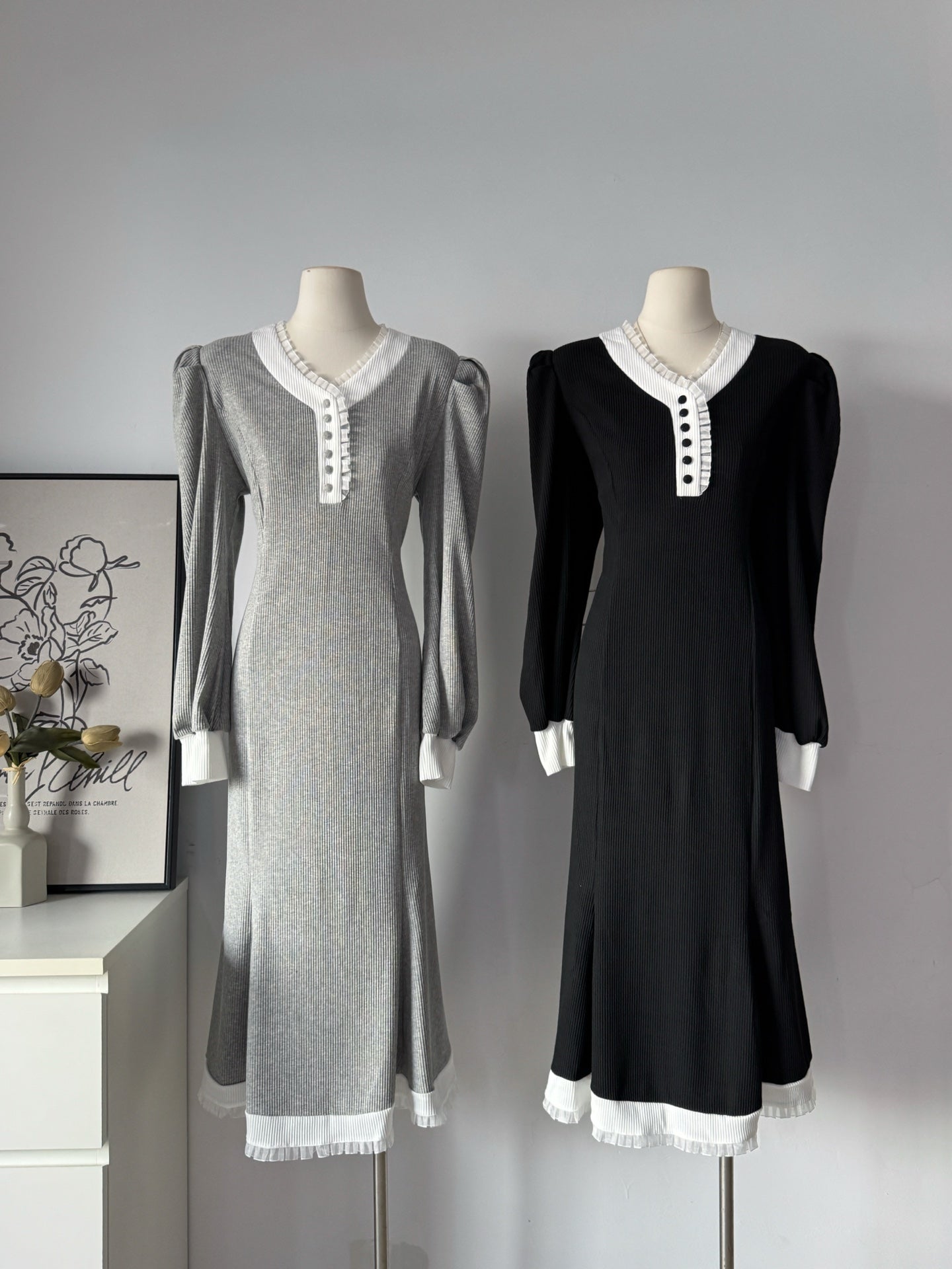 Ladies Contrast Trim Ribbed Midi Dress