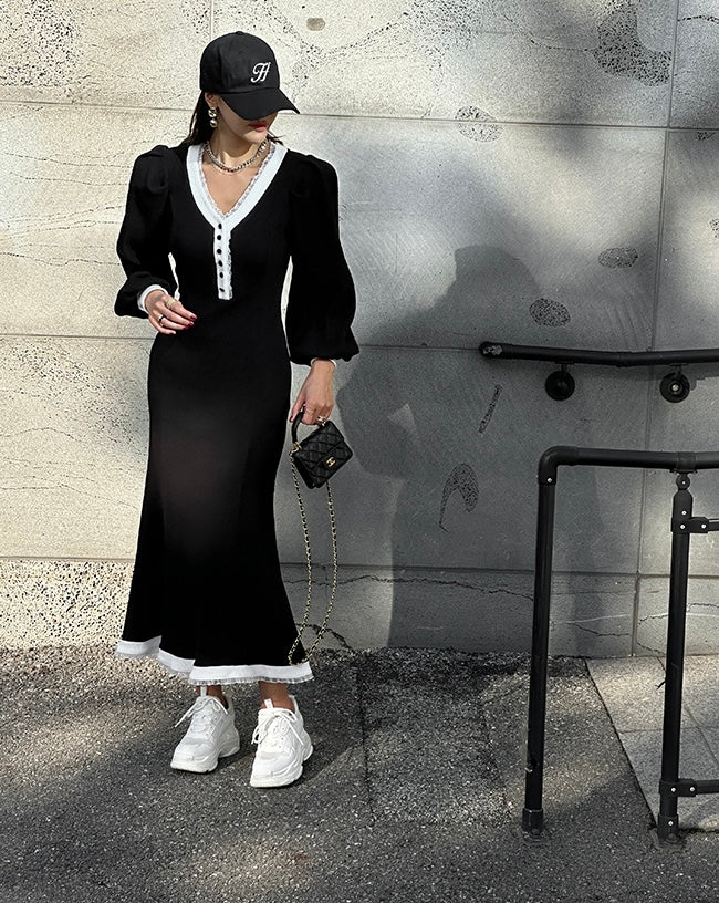 Ladies Contrast Trim Ribbed Midi Dress