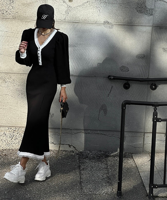 Ladies Contrast Trim Ribbed Midi Dress