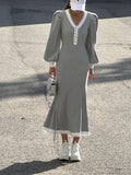 Ladies Contrast Trim Ribbed Midi Dress