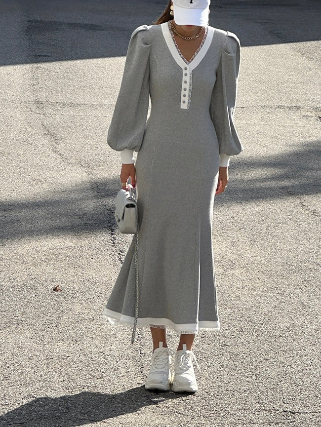 Ladies Contrast Trim Ribbed Midi Dress