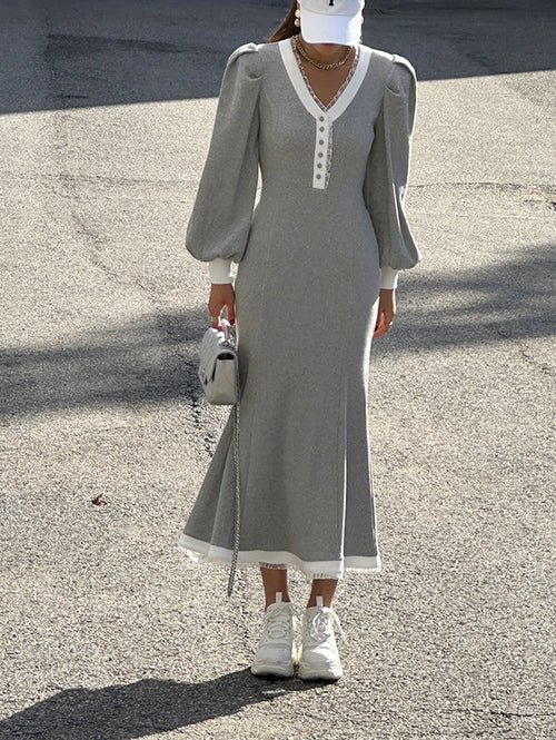 Ladies Contrast Trim Ribbed Midi Dress