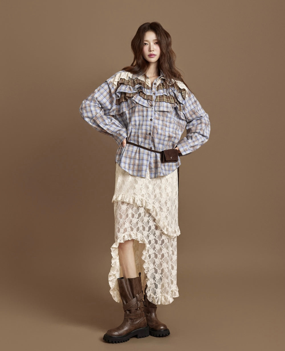 Ladies Ruffled Lace Trim Plaid Oversized Shirt