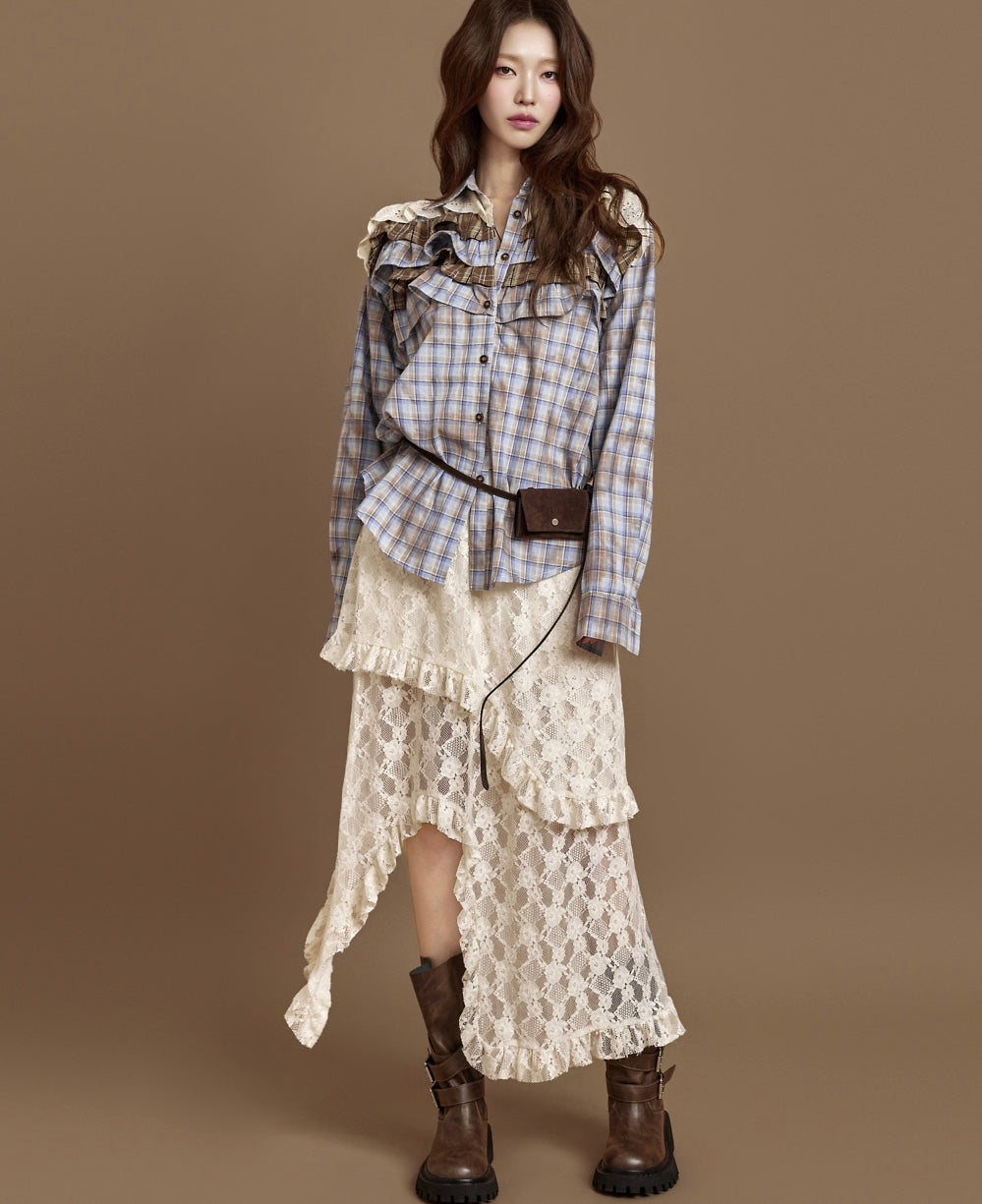 Ladies Ruffled Lace Trim Plaid Oversized Shirt