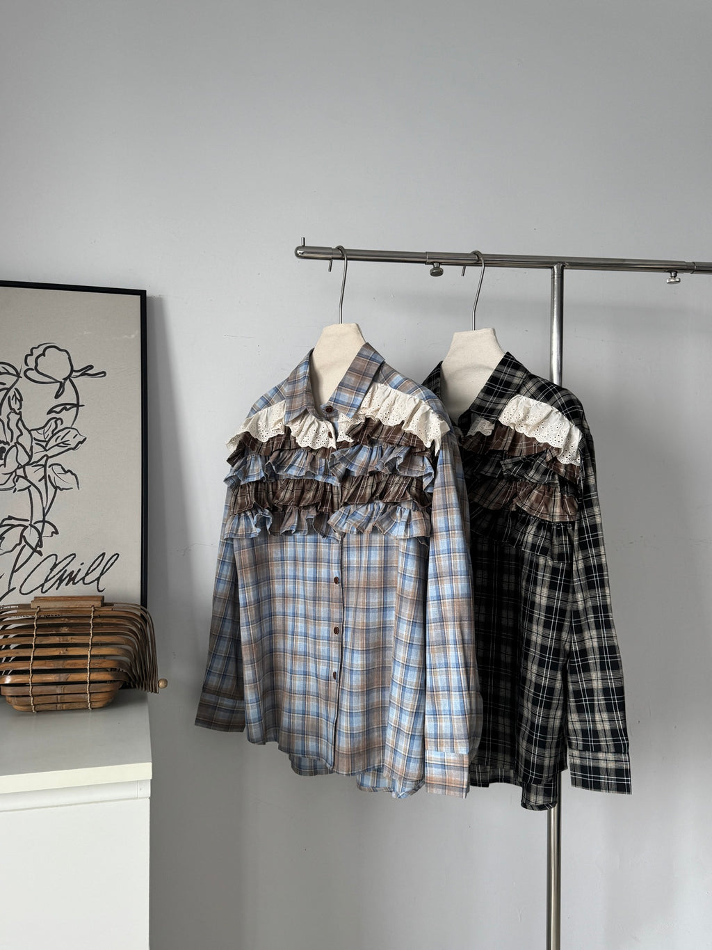 Ladies Ruffled Lace Trim Plaid Oversized Shirt