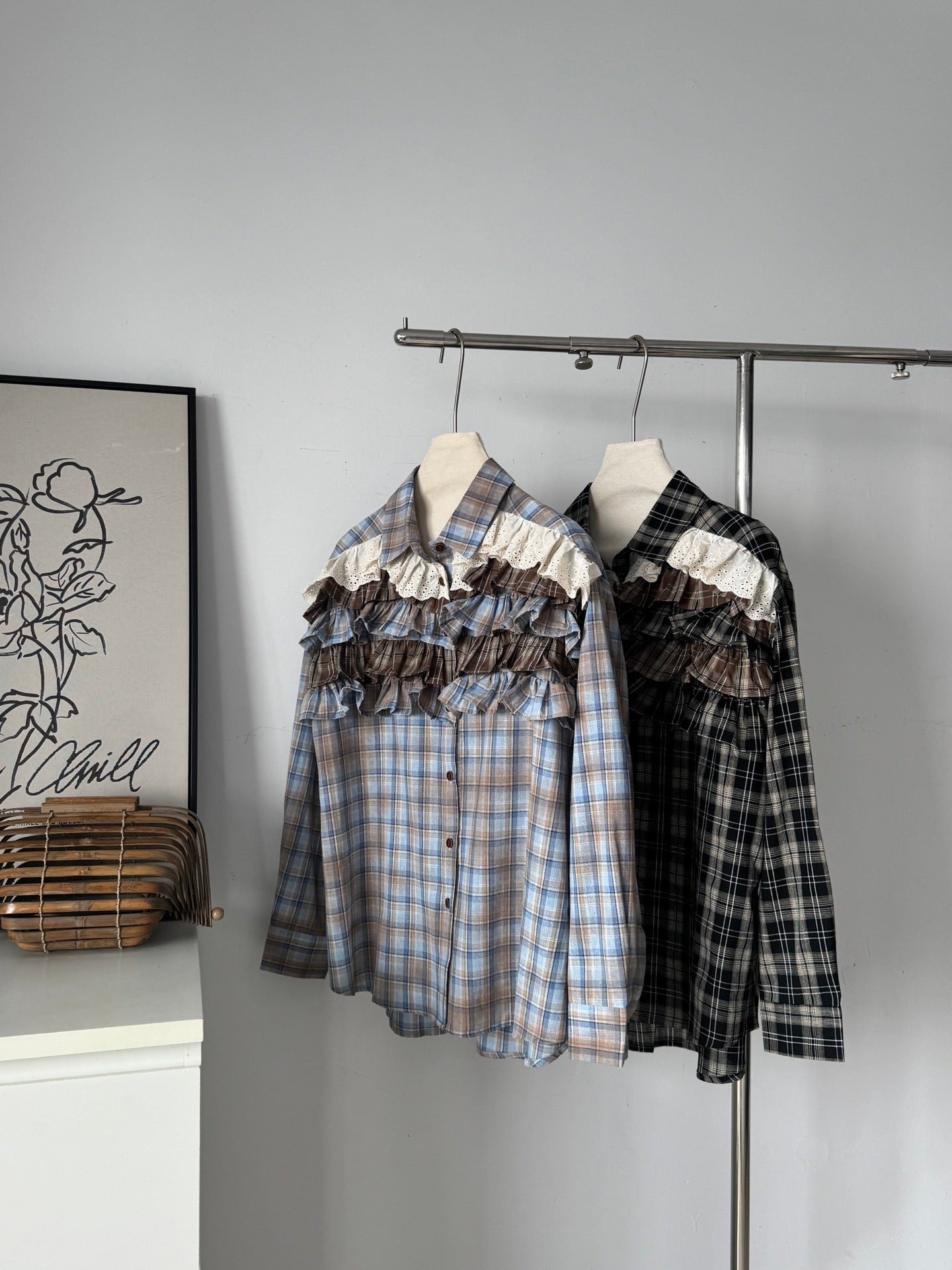 Ladies Ruffled Lace Trim Plaid Oversized Shirt