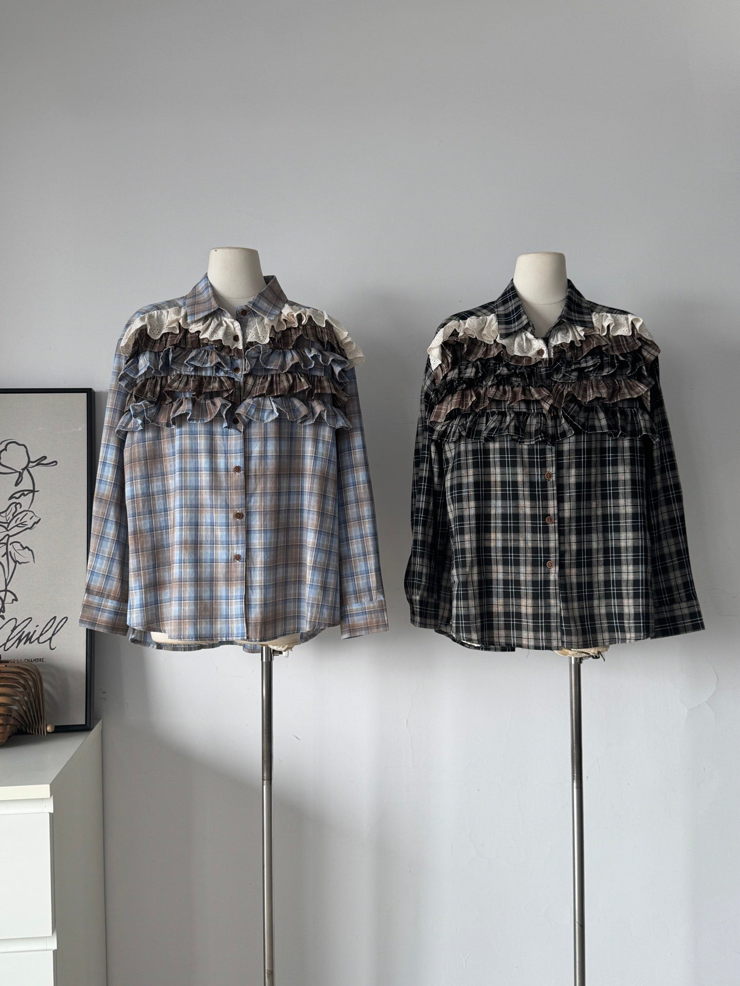 Ladies Ruffled Lace Trim Plaid Oversized Shirt