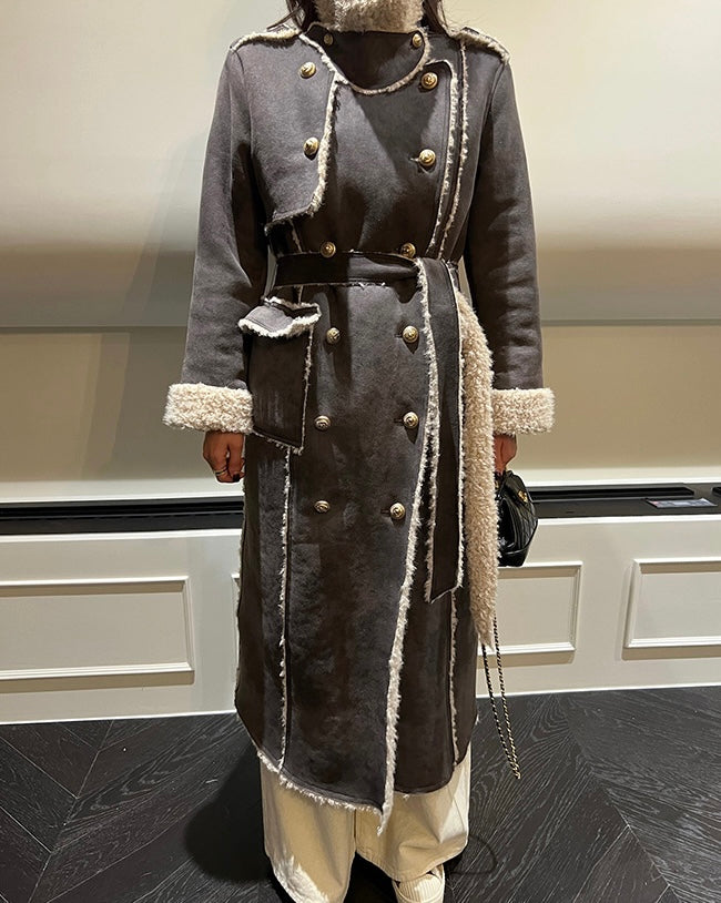 Ladies Faux Suede Sherpa Lined Trench Coat