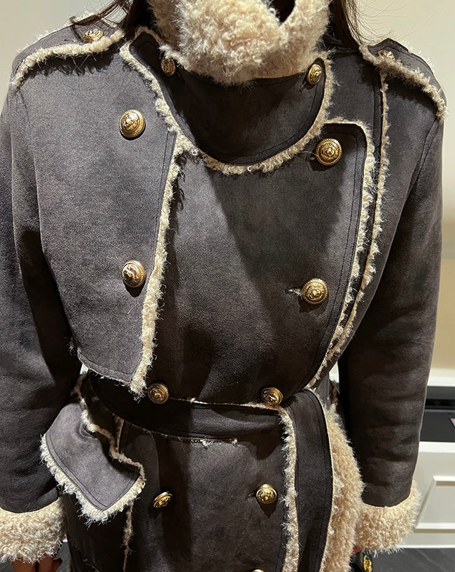 Ladies Faux Suede Sherpa Lined Trench Coat
