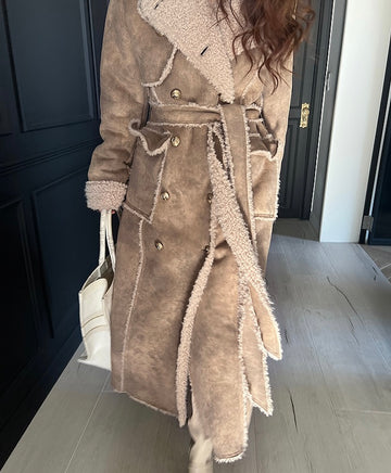 Ladies Faux Suede Sherpa Lined Trench Coat