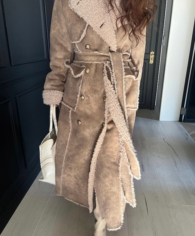 Ladies Faux Suede Sherpa Lined Trench Coat