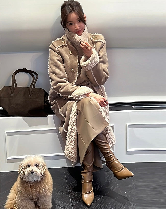 Ladies Faux Suede Sherpa Lined Trench Coat