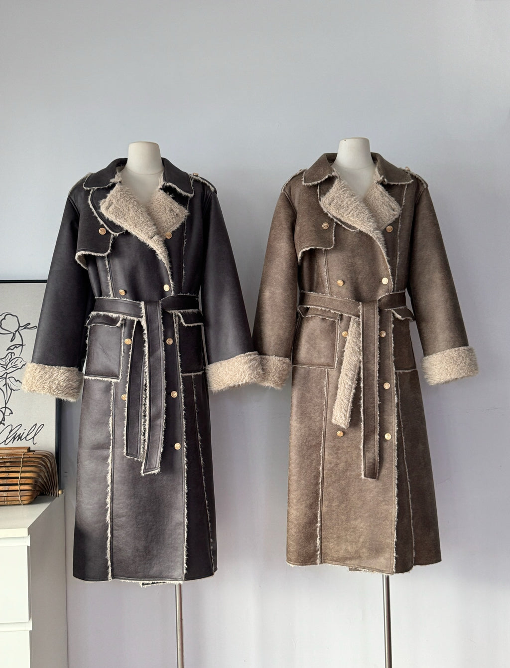 Ladies Faux Suede Sherpa Lined Trench Coat