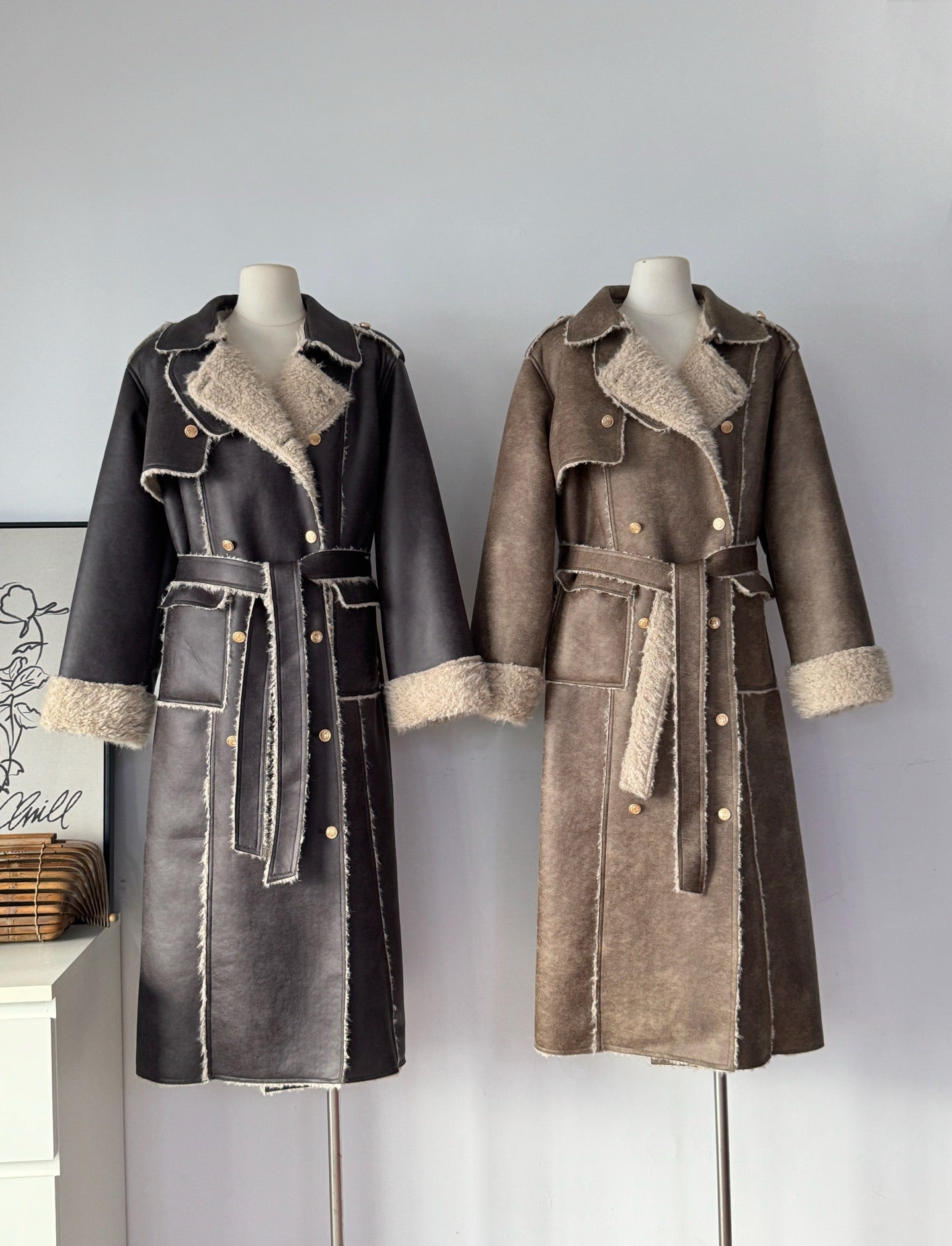 Ladies Faux Suede Sherpa Lined Trench Coat