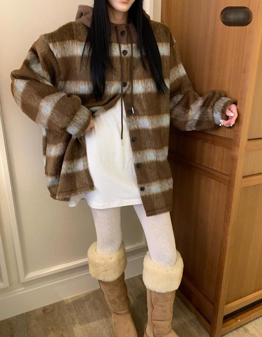 Women's Plaid Fleece Hooded Cardigan (Two Color Options)