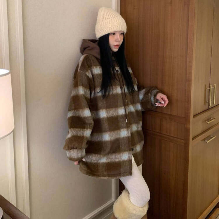 Women's Plaid Fleece Hooded Cardigan (Two Color Options)