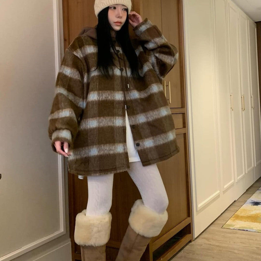 Women's Plaid Fleece Hooded Cardigan (Two Color Options)