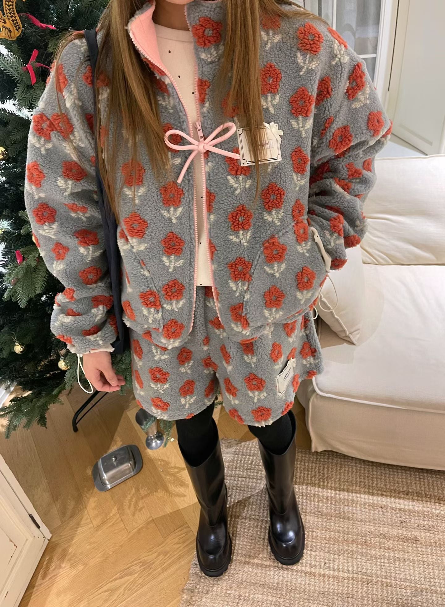 Women's Floral Fleece 2-Piece Set (Jacket + Shorts)