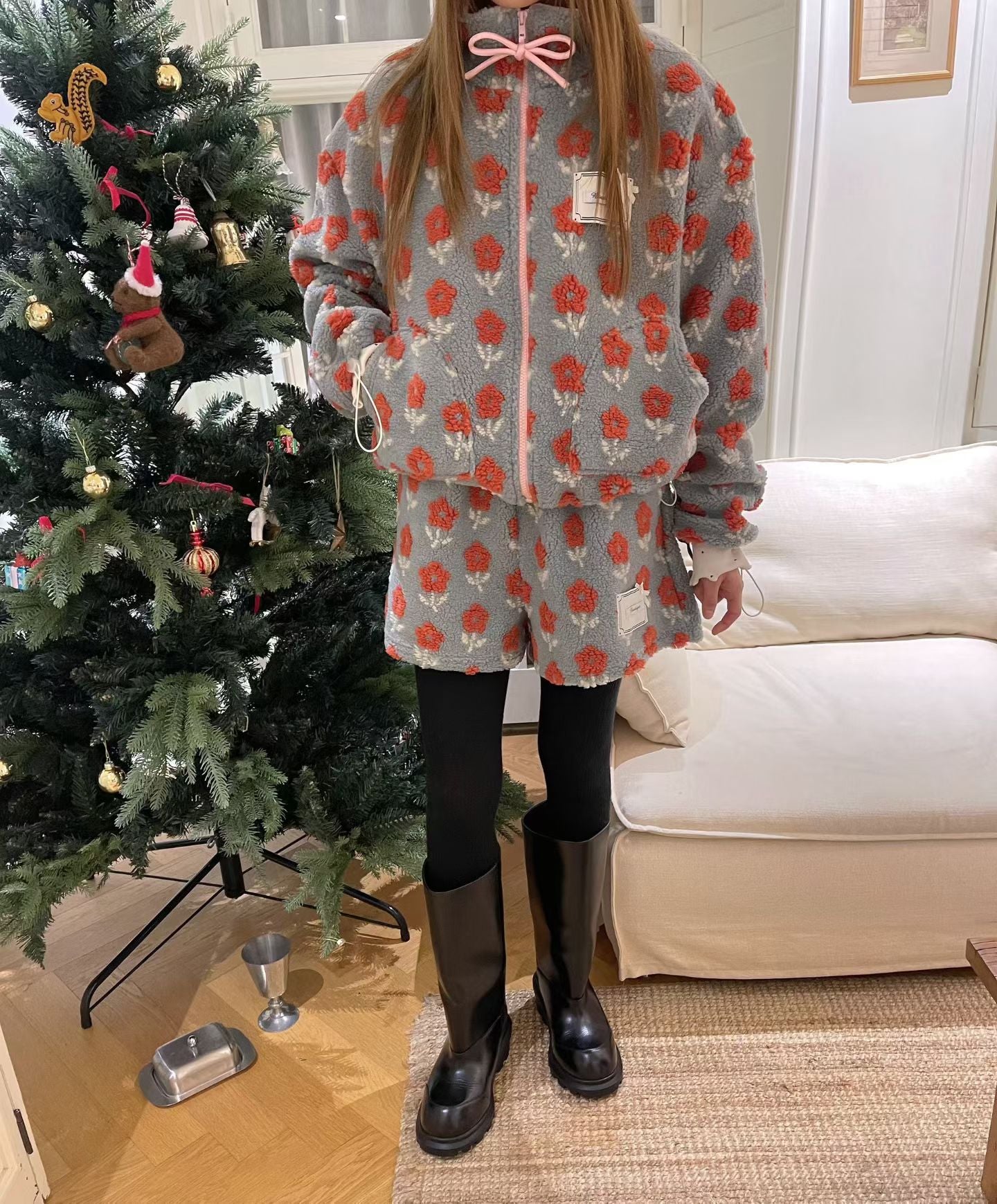 Women's Floral Fleece 2-Piece Set (Jacket + Shorts)