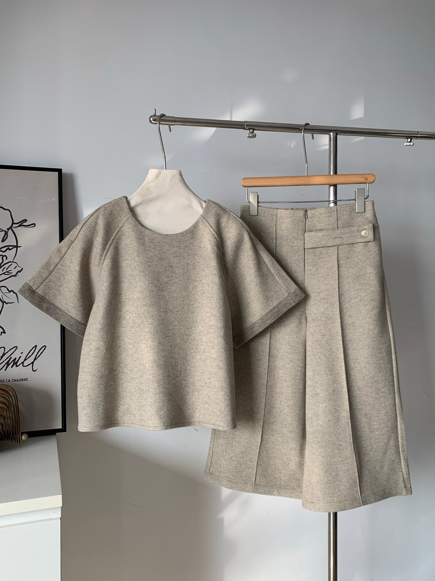 Women's Beige Wool Blend 2-Piece Set (Top + Culottes)