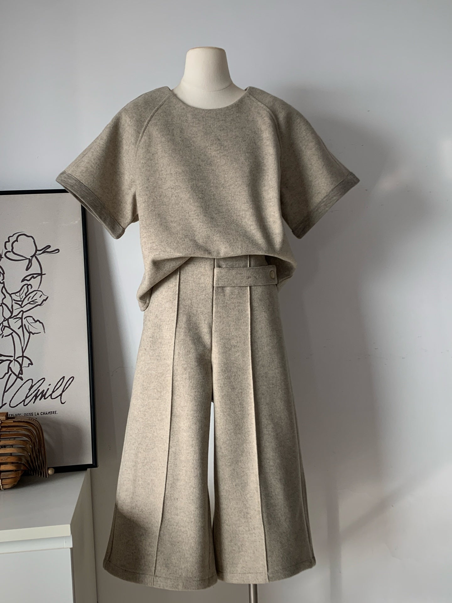 Women's Beige Wool Blend 2-Piece Set (Top + Culottes)