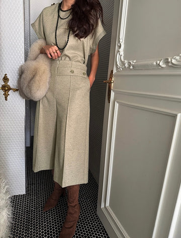 Women's Beige Wool Blend 2-Piece Set (Top + Culottes)