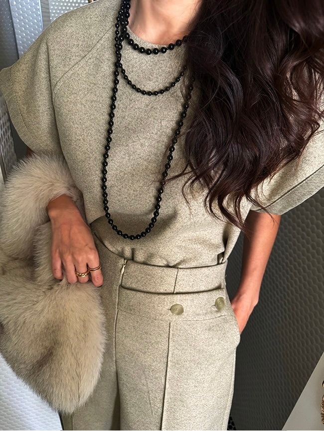 Women's Beige Wool Blend 2-Piece Set (Top + Culottes)