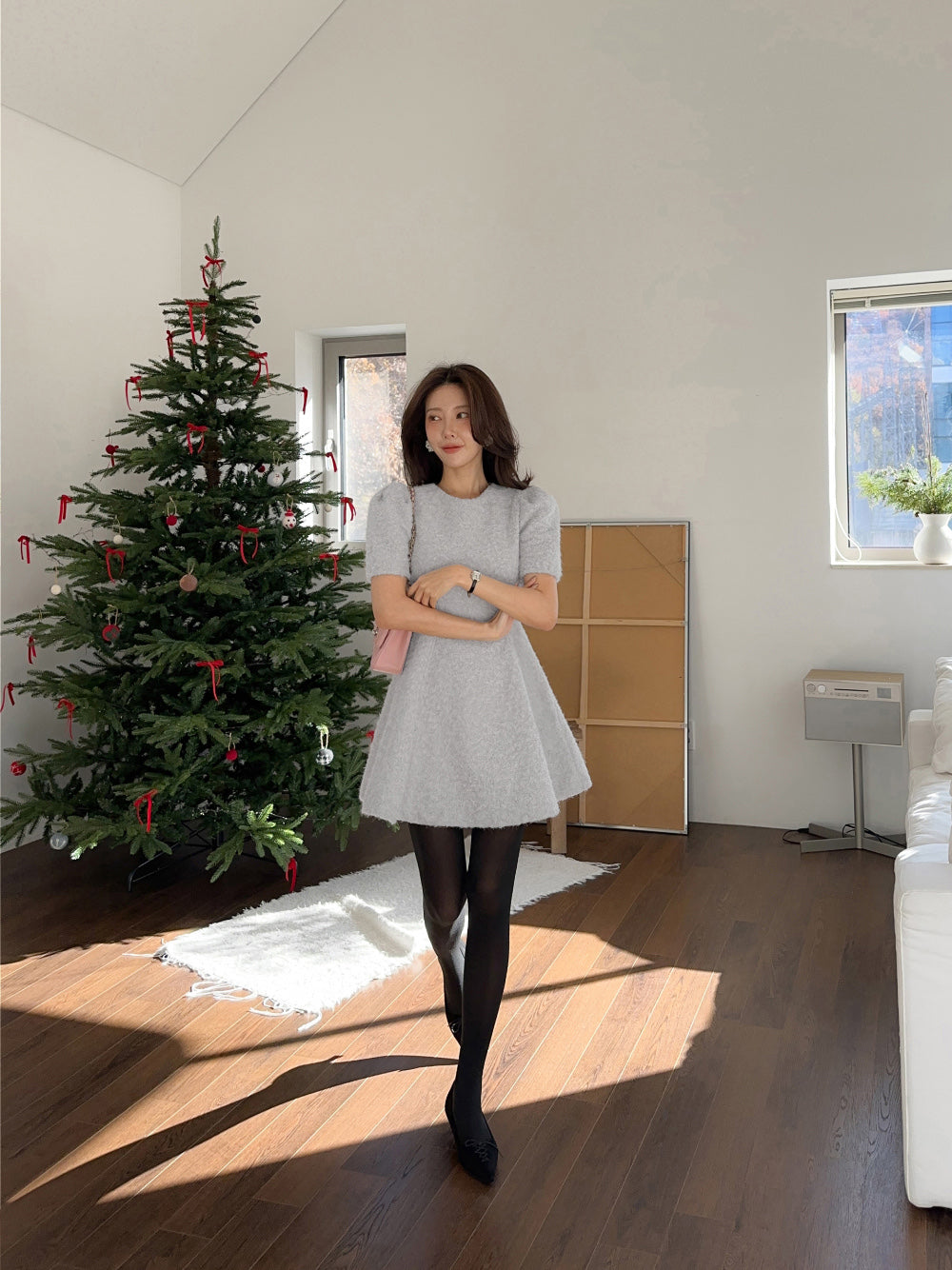 Women's Textured Short-Sleeve Dress with Choker Scarf (Two Color Options)