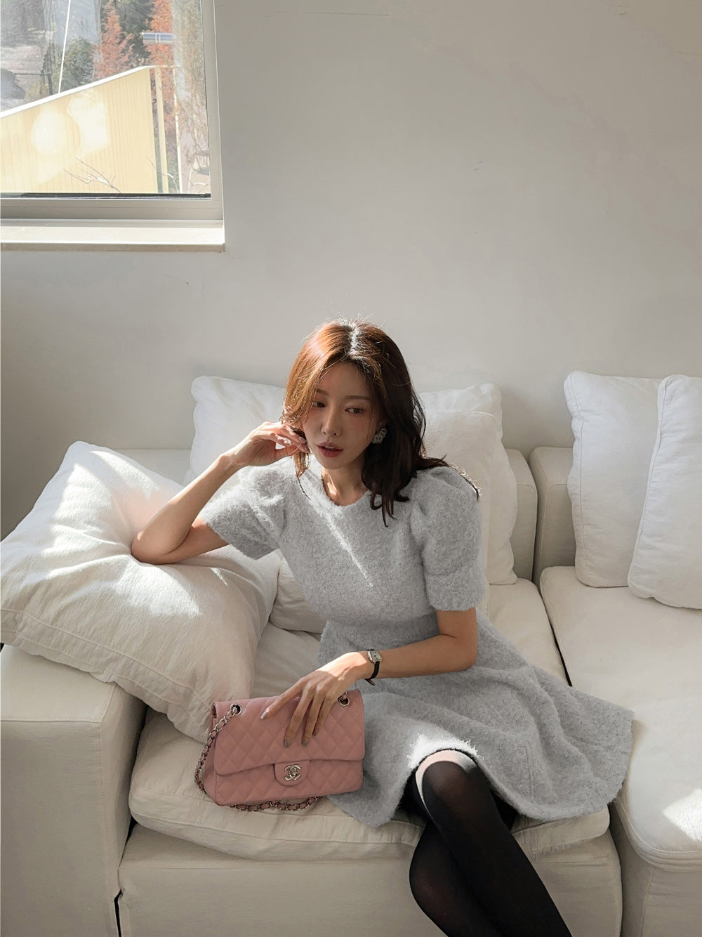 Women's Textured Short-Sleeve Dress with Choker Scarf (Two Color Options)