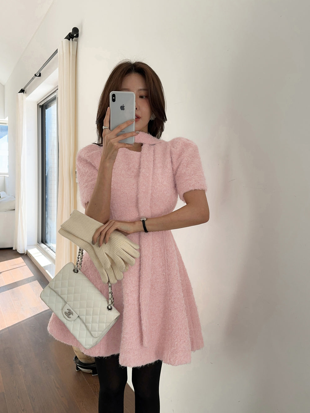 Women's Textured Short-Sleeve Dress with Choker Scarf (Two Color Options)